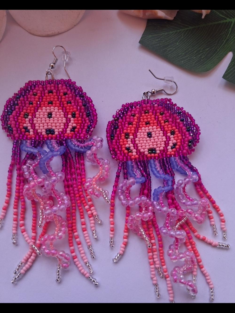 Handmade Beaded Jellyfish Earrings - Pink & Purple - Picture 4 of 4